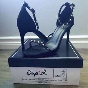 Qupid | Black suede pu ~ open toed high heel sandle with studs ankle strap